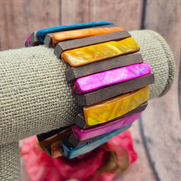 Bohemian Wood Bar & Dyed Abalone Shell Colorful Wide Stretch Bracelet Beach - Picture 5 of 6